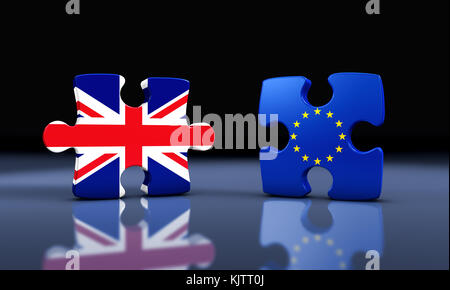 Brexit Britain exit from the European Union concept with Union Jack and EU flag on separated puzzle pieces 3D illustration. Stock Photo