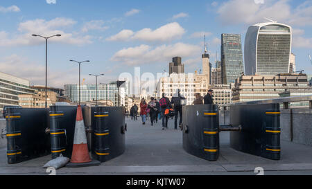 London, UK - November 22nd, 2017: Anti-vehicle barriers erected on the pavement on London Bridge in the Borough area, Southwark, London SE1 Stock Photo