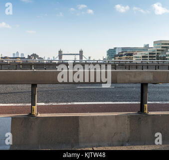 Anti-vehicle barriers erected on the pavement on London Bridge in the Borough area, Southwark, London SE1 as a terrorism prevention measure Stock Photo