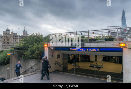 London, UK - Nov 22, 2017: Tower Hill Station on the London Underground with the Tower of London and Shard in background Stock Photo