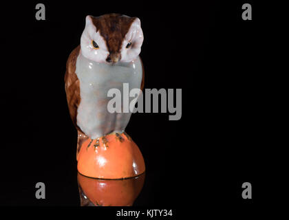 Closeup of a small porcelain owl standing on a black reflective surface Stock Photo