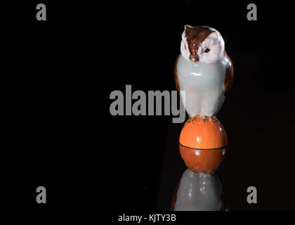 Closeup of a small porcelain owl standing on a black reflective surface Stock Photo