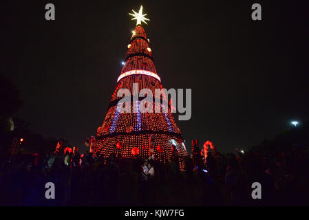 Sao Paulo, Brazil. 25th Nov, 2017. CHRISTMAS TREE INAUGURATION: View of the Ibirapuera Christmas tree, in the South Zone of SÃ£o Paulo (SP). The official opening took place this Saturday (25). This year, the pine tree is 40 meters high, bigger than 35 meters in 2016, but less than 75 meters in 2009. According to the City Hall, the cost was entirely borne by Coca-Cola, the sponsoring company. Credit: Cris Faga/ZUMA Wire/Alamy Live News Credit: ZUMA Press, Inc./Alamy Live News Stock Photo