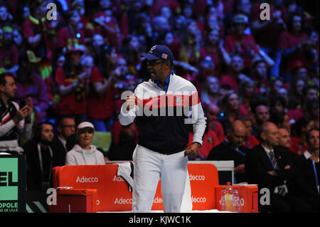 Lille, France. 26th Nov, 2017. French Davis Cup captain Yannick Noah is in action in the Davis Cup Final on Nov 26, 2017 in Lille, France. Credit: YAN LERVAL/AFLO/Alamy Live News Credit: Aflo Co. Ltd./Alamy Live News Stock Photo