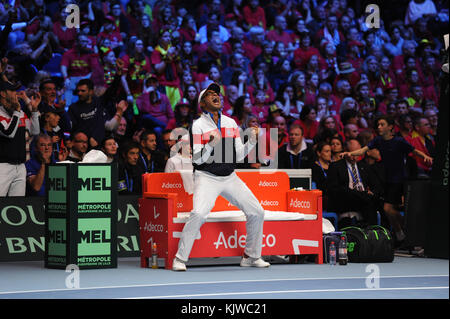 Lille, France. 26th Nov, 2017. French Davis Cup captain Yannick Noah is in action in the Davis Cup Final on Nov 26, 2017 in Lille, France. Credit: YAN LERVAL/AFLO/Alamy Live News Credit: Aflo Co. Ltd./Alamy Live News Stock Photo