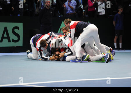 Lille, France. 26th Nov, 2017. French Davis Cup team members are celebrating their victory vs Belgium Davis Cup team in the Davis Cup Final on Nov 26, 2017 in Lille, France. on Nov 26, 2017 in Lille, France. Credit: YAN LERVAL/AFLO/Alamy Live News Credit: Aflo Co. Ltd./Alamy Live News Stock Photo