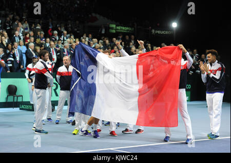 Lille, France. 26th Nov, 2017. French Davis Cup team members are celebrating their victory vs Belgium Davis Cup team in the Davis Cup Final on Nov 26, 2017 in Lille, France. on Nov 26, 2017 in Lille, France. Credit: YAN LERVAL/AFLO/Alamy Live News Credit: Aflo Co. Ltd./Alamy Live News Stock Photo