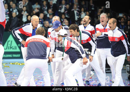 Lille, France. 26th Nov, 2017. French Davis Cup team members are celebrating their victory vs Belgium Davis Cup team in the Davis Cup Final on Nov 26, 2017 in Lille, France. on Nov 26, 2017 in Lille, France. Credit: Aflo Co. Ltd./Alamy Live News Stock Photo