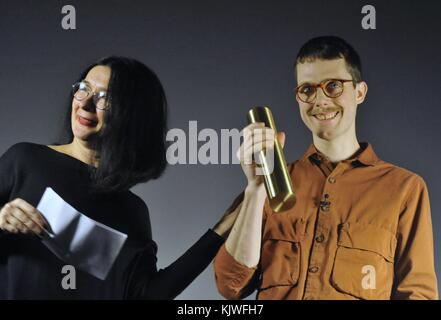 Multimedia artist Martin Kohout (right), 33, is this year's winner of the Jindrich Chalupecky Award for young Czech artists in Brno, Czech Republic, November 26, 2017. The Chalupecky Award has been given to young Czech artists since 1990. It was initiated by president and writer Vaclav Havel, artist Theodor Pistek and poet and artist Jiri Kolar.  (CTK Photo/Igor Zehl) Stock Photo