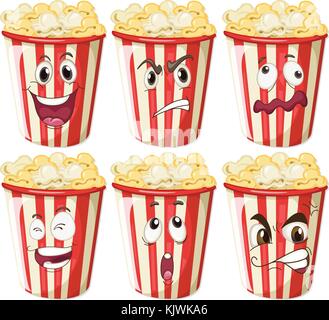 Different facial expressions on popcorn cups illustration Stock Vector