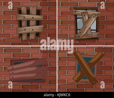 Broken windows on brickwall illustration Stock Vector