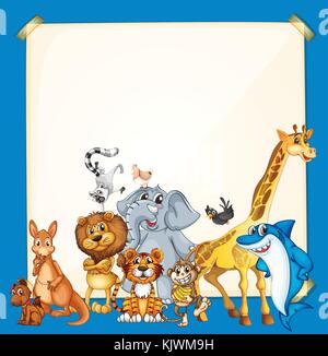 Border template with wild animals on blue background illustration Stock Vector