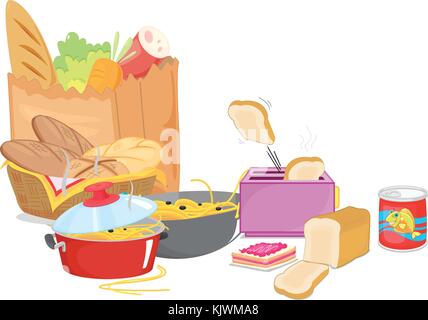 Different types of food with vegetables and pasta illustration Stock Vector