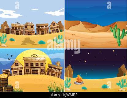 Four western land with buildings and cactus illustration Stock Vector