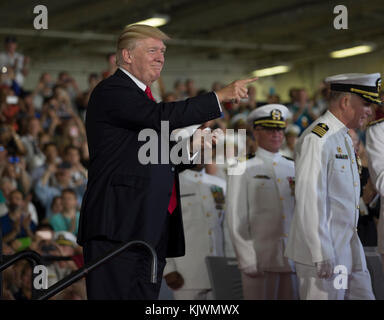 U.S. President Donald Trump greets the audience during the U.S. Navy Gerald R. Ford-class aircraft carrier USS Gerald R. Ford commissioning ceremony at the Naval Station Norfolk July 22, 2017 in Norfolk, Virginia. (photo by MCS3 Gitte Schirrmacher  via Planetpix) Stock Photo