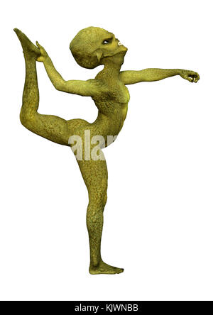 3D rendering of a green alien doing sport isolated on white background Stock Photo