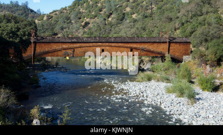Side view of the bridgeport Covered Bridge at South Yuba River in California, USA. This bridge has the longest clear span of any surviving covered bri Stock Photo