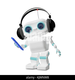 3D Illustration of the Little Robot Dances in the Headphones Stock Photo
