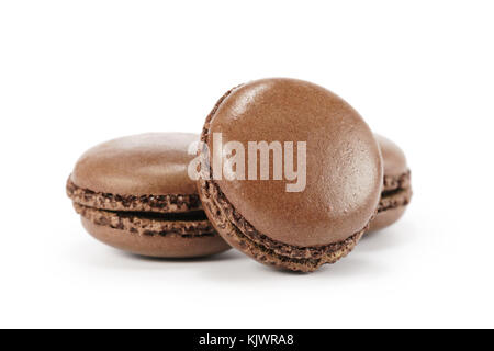 three chocolate macarons isolated on white Stock Photo