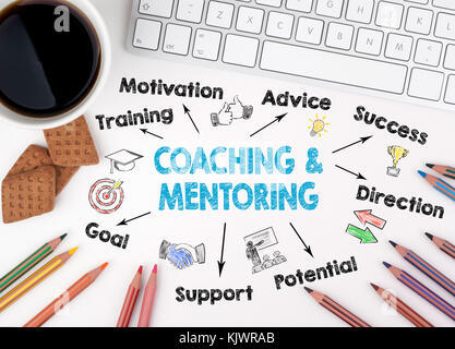 Coaching and Mentoring Concept. Chart with keywords and icons. White office desk Stock Photo