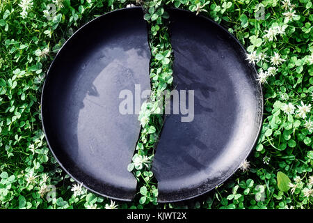 Black cast-iron skillet in half on green grass Stock Photo