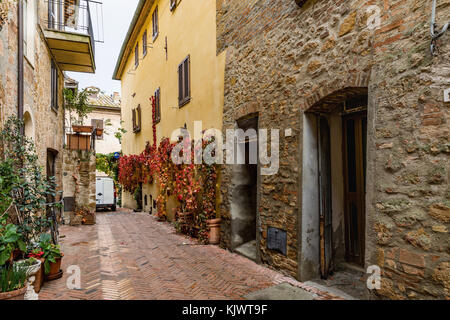 Flowery streets on autumn day in a small magical village Pienza, Tuscany. Italy. Stock Photo