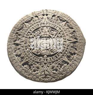 Ancient stone aztec calendar. Object isolated on white background Stock Photo