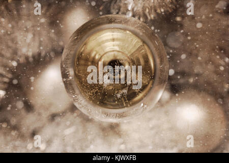 Artwork in painting style, glass of champagne, Christmas decoration/  top view Stock Photo