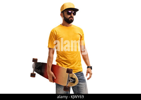 Bearded man with a cap and sunglasses holding a longboard isolated on white background Stock Photo
