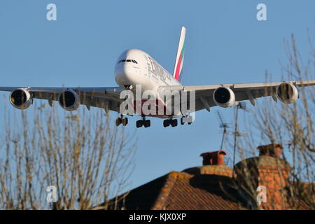 United Emirates Airbus A380 A6-EEC landing at London Heathrow Airport, UK Stock Photo