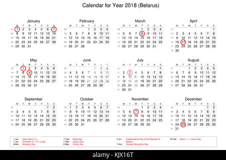 Calendar of year 2018 with public holidays and bank holidays for Belarus Stock Photo