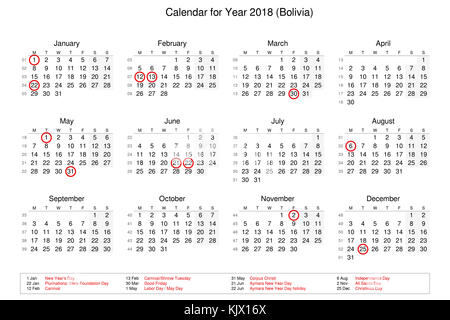 Calendar of year 2018 with public holidays and bank holidays for Bolivia Stock Photo