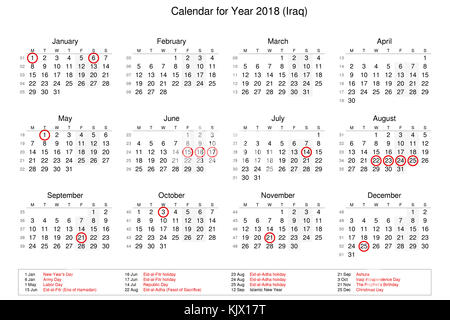 Calendar of year 2018 with public holidays and bank holidays for Iraq Stock Photo