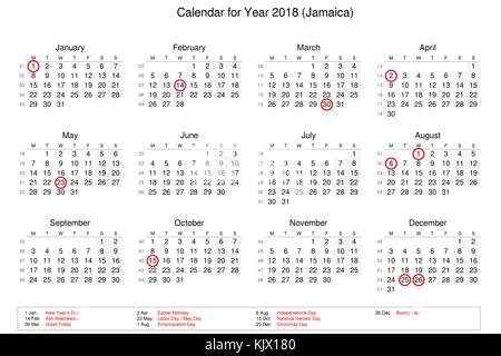 Calendar of year 2018 with public holidays and bank holidays for Jamaica Stock Photo
