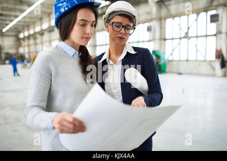 Pensive female building contractor in eyeglasses giving recommendations to young female engineer responsible for project Stock Photo