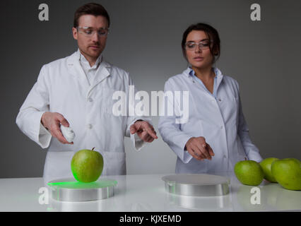 Two scientists in laboratory doing futuristic research experiments with apples, teleportation or cloning concept Stock Photo