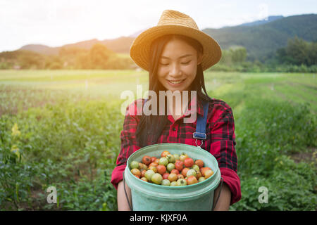 Smiling farmer posing in the tomato field Stock Photo