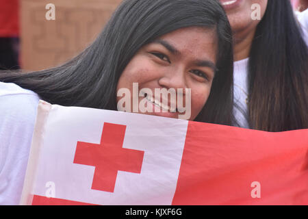Auckland, New Zealand. 26th Nov, 2017. A Tongan fans on central Auckland streets during a protest against referee decision in Auckland on Nov 26, 2017. Tonga was down 18-20 to England during the Rugby League World Cup semi-final last night, with one minute to go before Tonga scored what appeared to be a match-winning try. However, the referee ruled it a no-try. Credit: Shirley Kwok/Pacific Press/Alamy Live News Stock Photo