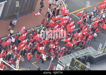 Auckland, New Zealand. 26th Nov, 2017. Crowds of Tongan fans have gathered on central Auckland streets during a protest against referee decision in Auckland on Nov 26, 2017. Tonga was down 18-20 to England during the Rugby League World Cup semi-final last night, with one minute to go before Tonga scored what appeared to be a match-winning try. However, the referee ruled it a no-try. Credit: Shirley Kwok/Pacific Press/Alamy Live News Stock Photo