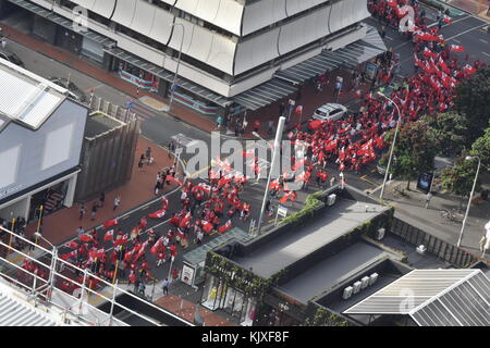 Auckland, New Zealand. 26th Nov, 2017. Crowds of Tongan fans have gathered on central Auckland streets during a protest against referee decision in Auckland on Nov 26, 2017. Tonga was down 18-20 to England during the Rugby League World Cup semi-final last night, with one minute to go before Tonga scored what appeared to be a match-winning try. However, the referee ruled it a no-try. Credit: Shirley Kwok/Pacific Press/Alamy Live News Stock Photo