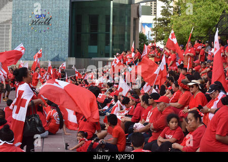 Auckland, New Zealand. 26th Nov, 2017. Crowds of Tongan fans have gathered on central Auckland streets during a protest against referee decision in Auckland on Nov 26, 2017. Tonga was down 18-20 to England during the Rugby League World Cup semi-final last night, with one minute to go before Tonga scored what appeared to be a match-winning try. However, the referee ruled it a no-try. Credit: Shirley Kwok/Pacific Press/Alamy Live News Stock Photo