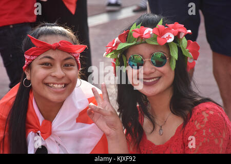Auckland, New Zealand. 26th Nov, 2017. Two Tongan fans on central Auckland streets during a protest against referee decision in Auckland on Nov 26, 2017. Tonga was down 18-20 to England during the Rugby League World Cup semi-final last night, with one minute to go before Tonga scored what appeared to be a match-winning try. However, the referee ruled it a no-try. Credit: Shirley Kwok/Pacific Press/Alamy Live News Stock Photo