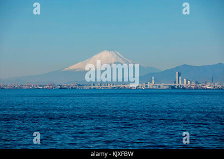 Mt Fuji is beautifully seen from Tokyo-wan-Aqua-Line. Credit: Yuichiro Tashiro Stock Photo