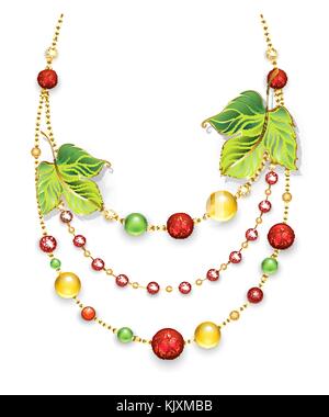 Necklace made of gold chains, decorated with green, autumn leaves and green, red, orange beads made of precious stone on a white background. Design of Stock Vector
