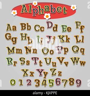 Cartoon alphabet in childish style. Colorful letters and numbers. Vector illustration. Stock Vector