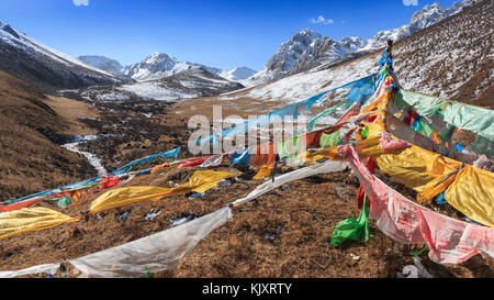 Tibetan landscape in China with prayer flags on foreground and mountains and yaks on background Stock Photo