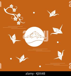 Branch of cherry blossoms, mount Fuji and origami paper cranes. Set of Japan traditional design elements. Stock Vector