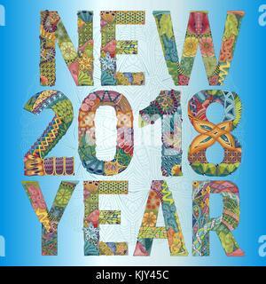 Hand-painted art design. Color hand drawn illustration. Number two thousand and eighteen new year zentangle object. Stock Vector