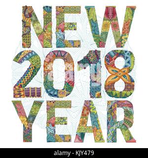 Hand-painted art design. Color hand drawn illustration. Number two thousand and eighteen new year zentangle object. Stock Vector