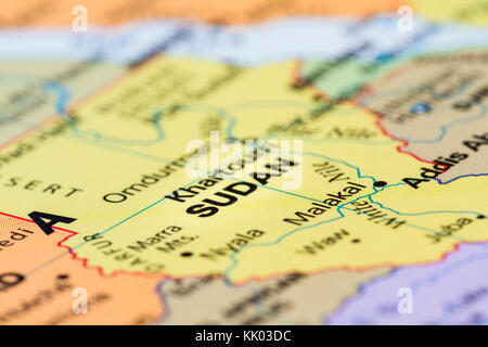 close up of a world map with the word Sudan in focus Stock Photo